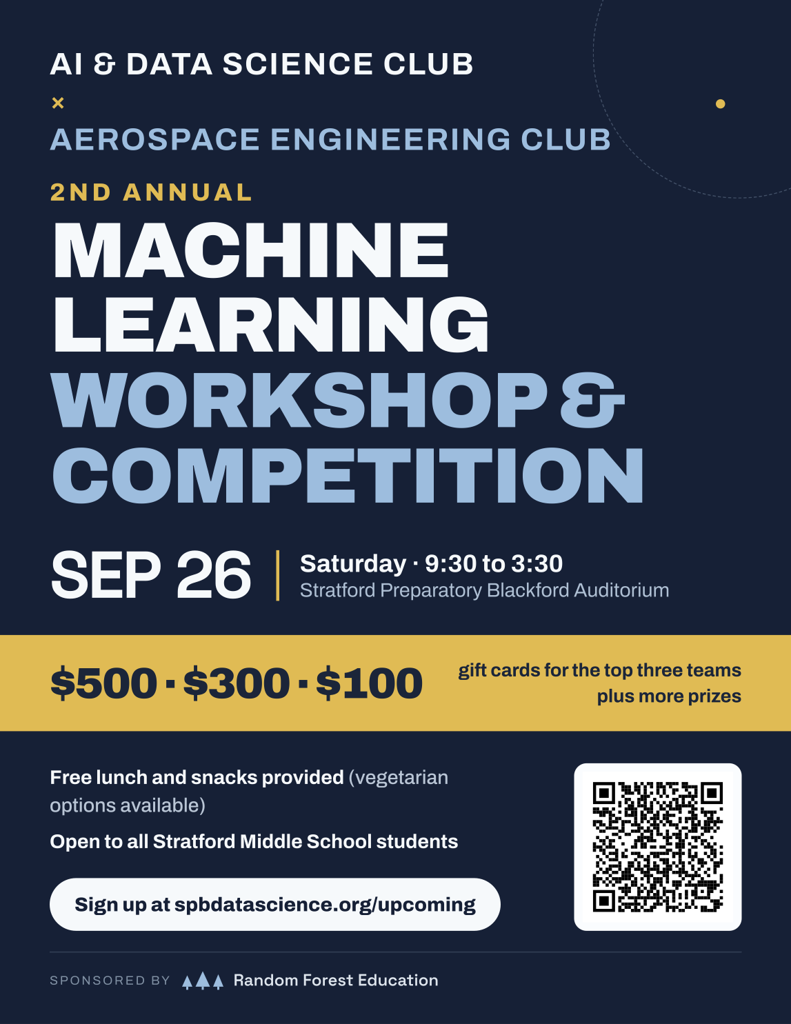 Second Annual Machine Learning Workshop and Competition poster: Saturday September 26, 9:30 to 3:30, Stratford Preparatory Blackford Auditorium.